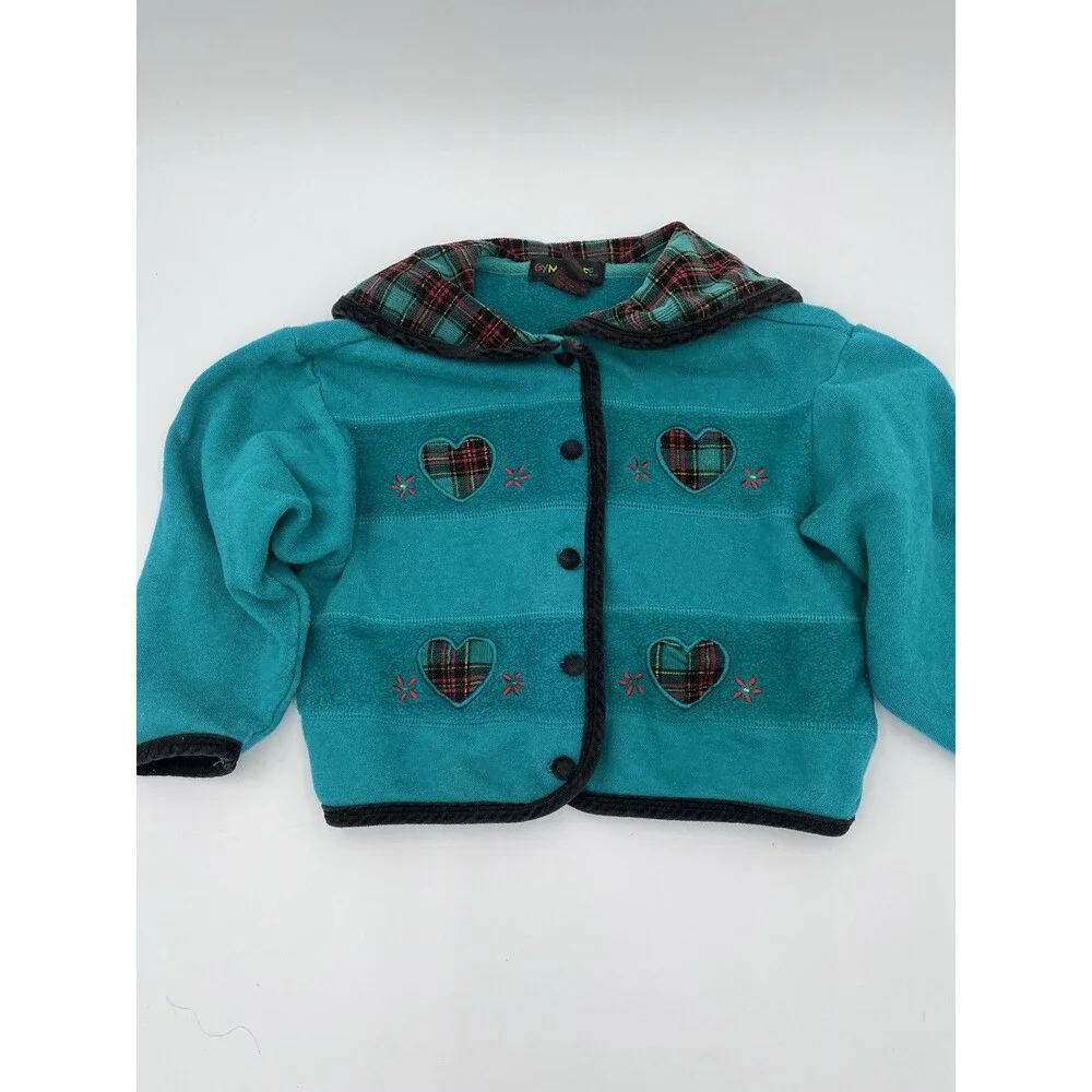 Vtg 90s Gymboree Kids Lg Jacket Teal Plaid Heart Applique Button Up Coat